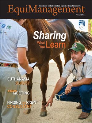 EquiManagement magazine cover shot of two men examining a horse's leg.